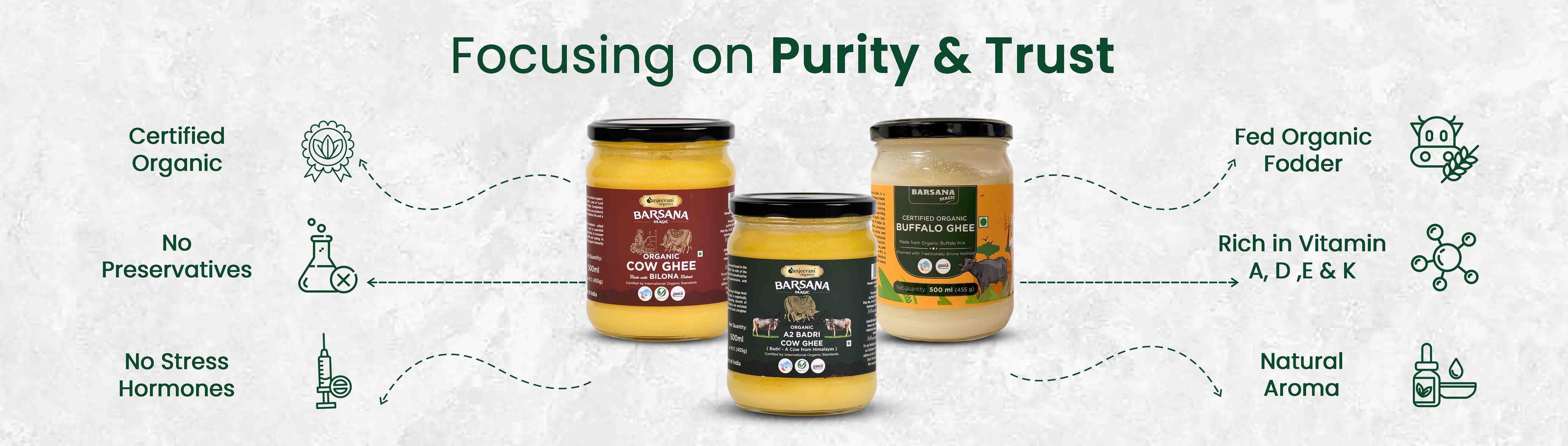 Barsana Magic and Three jars with labels on a light gray background, emphasizing purity and trust.