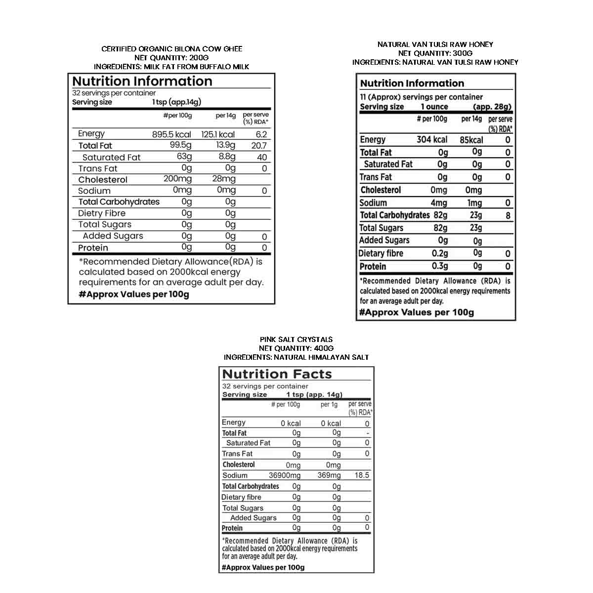 Barsana Magic and Nutrition information labels for different products on a white background