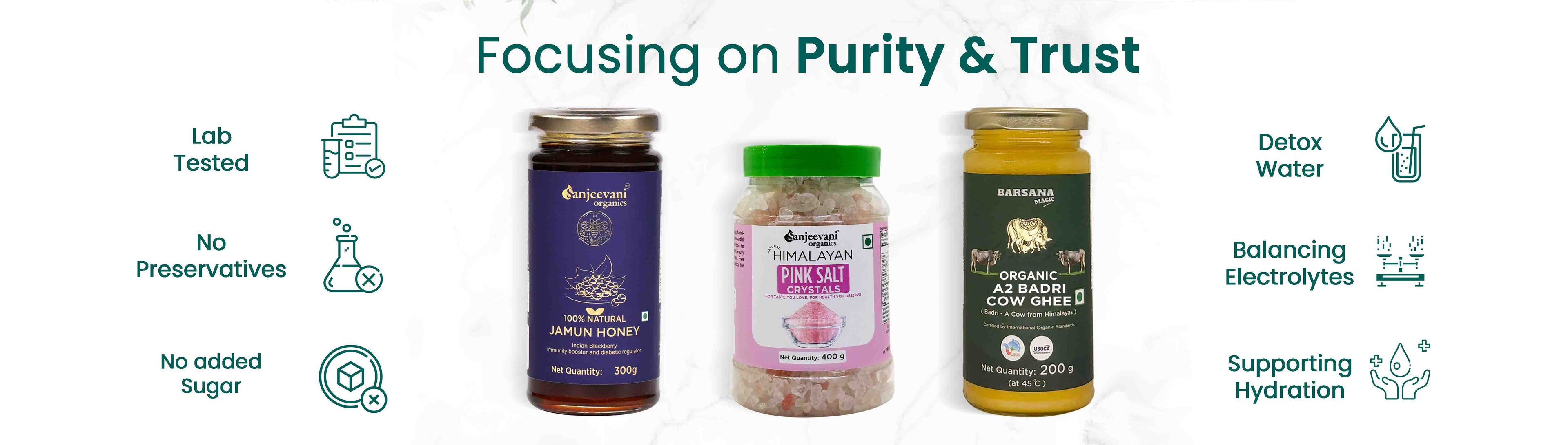 Barsana Magic and Three bottles of different products with icons and text about purity and trust on a white background.