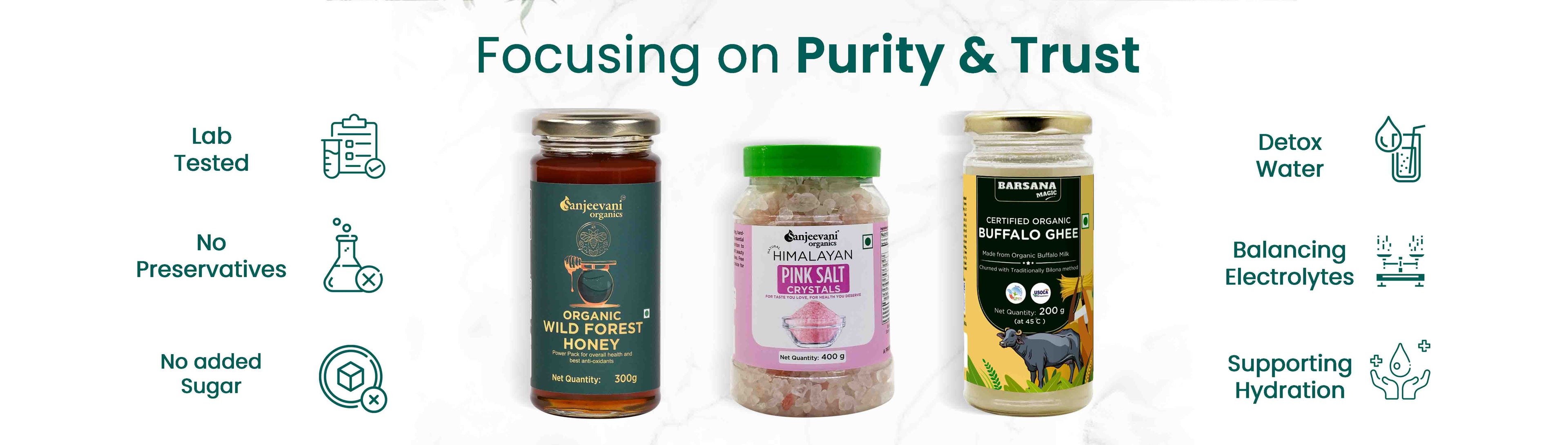 Barsana Magic and Three health products with icons and text about purity and trust on a white background