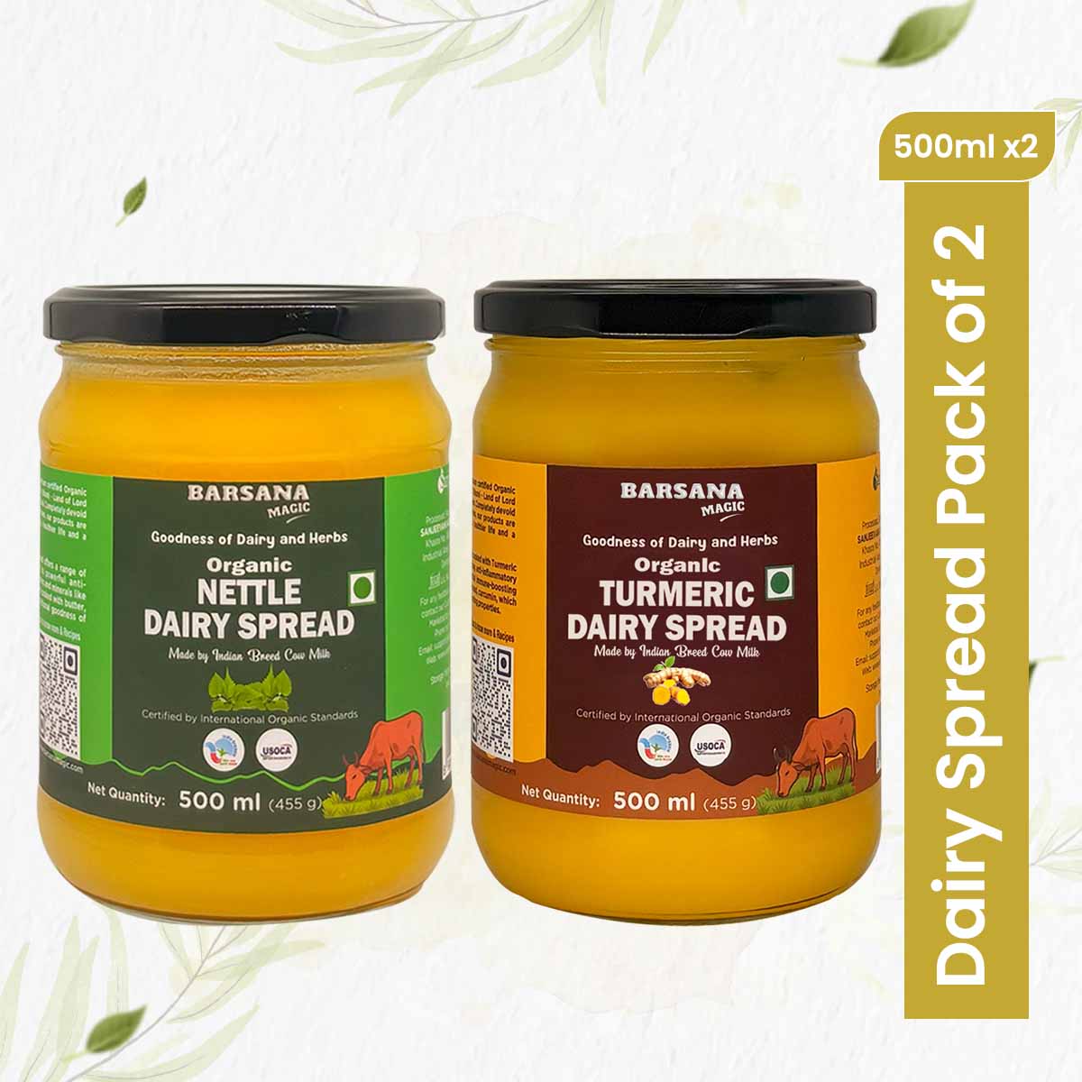 Barsana Magic and Two jars of Barsana Organic Dairy Spread with labels for Nettle and Turmeric on a white background.