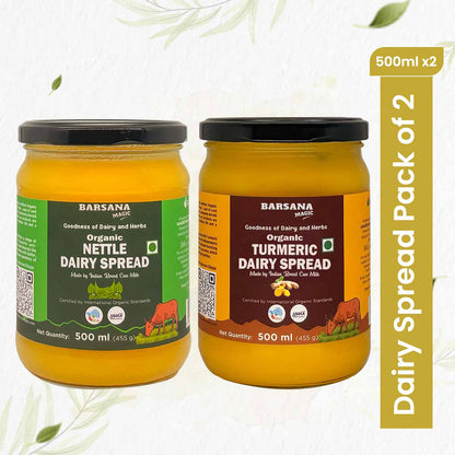 Barsana Magic and Two jars of Barsana Organic Dairy Spread with labels for Nettle and Turmeric on a white background.