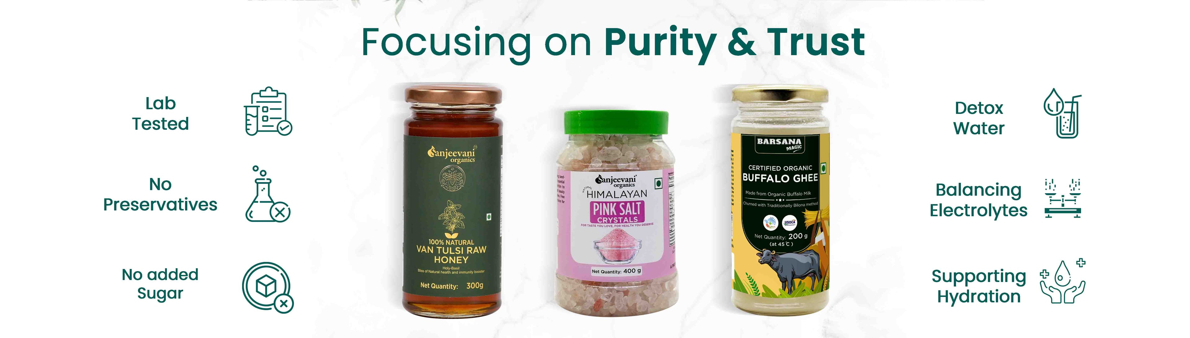 Barsana Magic and Three jars with labels on a white background, featuring icons and text about purity and trust.