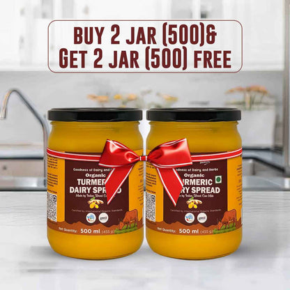 Barsana Magic and Two jars of organic turmeric dairy spread with a promotional banner in a kitchen setting.