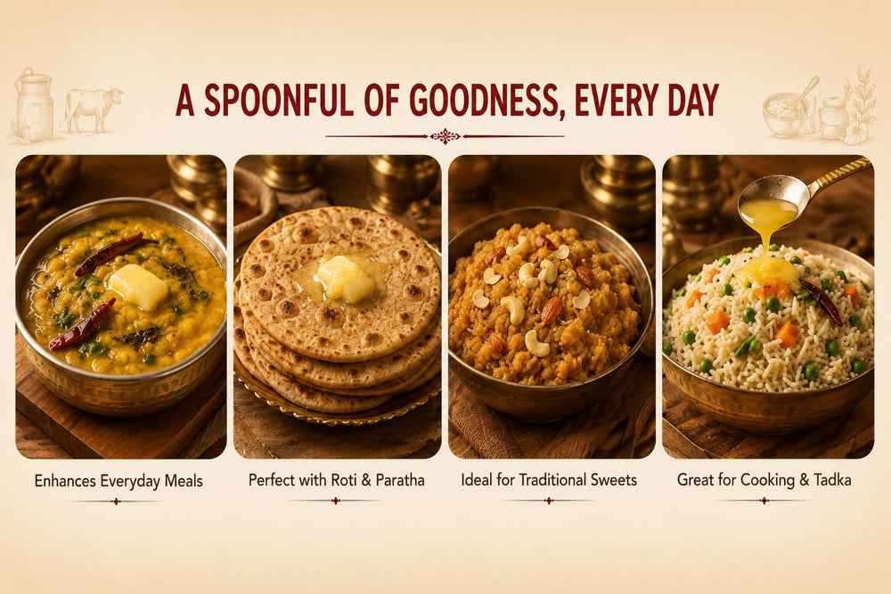 Barsana Magic and A promotional banner with the text 'A Spoonful of Goodness, Every Day' above four food photos showing Indian dishes: a yellow curry, roti, a sweet dish, and rice with egg and spices. The layout is on a warm beige background with small decorative illustrations.