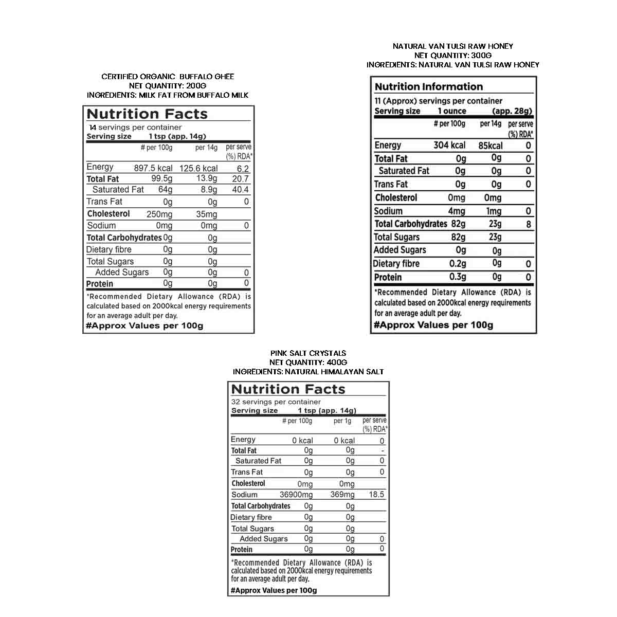 Barsana Magic and  Nutrition facts label for natural vanilla raw honey and pine salt crystals on a white background