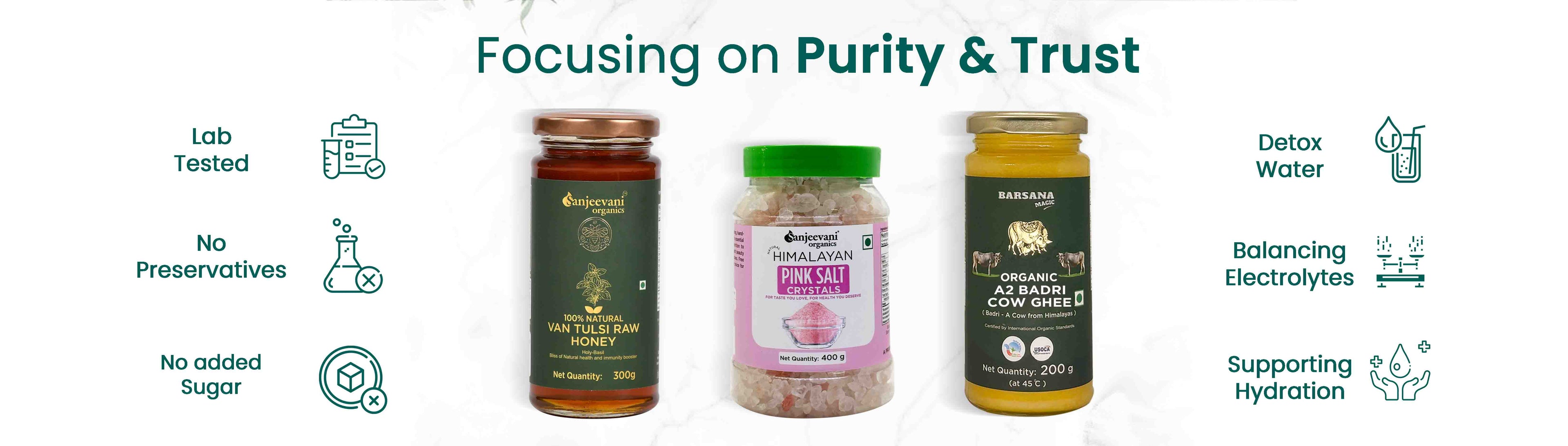 Barsana Magic and Three jars with labels on a white background, featuring icons and text about product attributes.