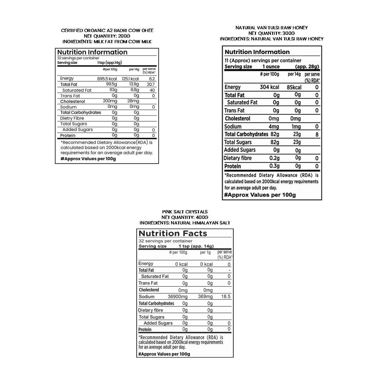 Nutrition information labels for organic raw honey and pink salt crystals on a white background