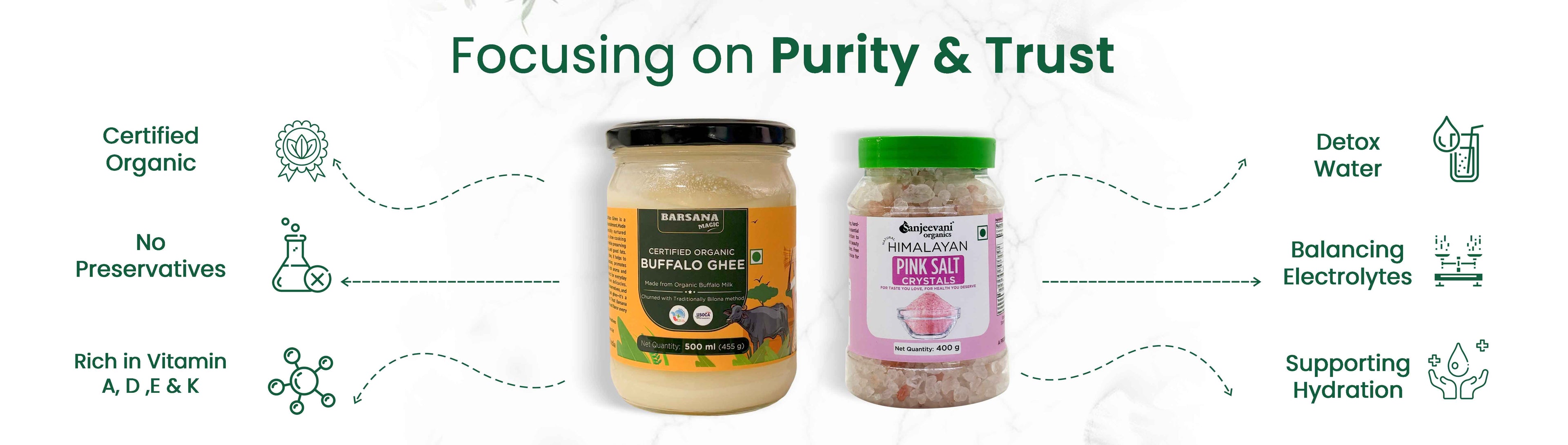 Barsana Magic and Two containers with labels on a white background, featuring text about purity and trust.