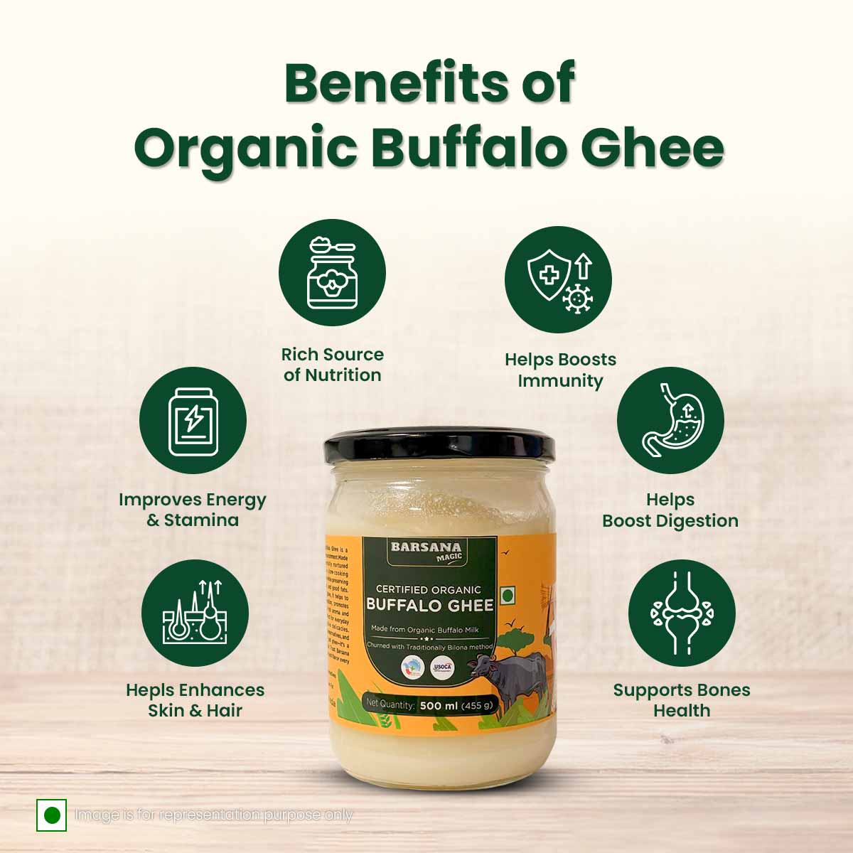 Barsana Magic and  Jar of organic buffalo ghee with benefits listed on a beige background