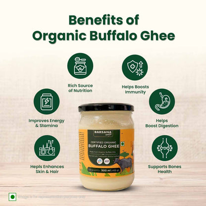 Barsana Magic and  Jar of organic buffalo ghee with benefits listed on a beige background