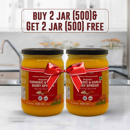 Barsana Magic and Two jars of organic turmeric and dairy spread with a promotional banner in a kitchen setting.