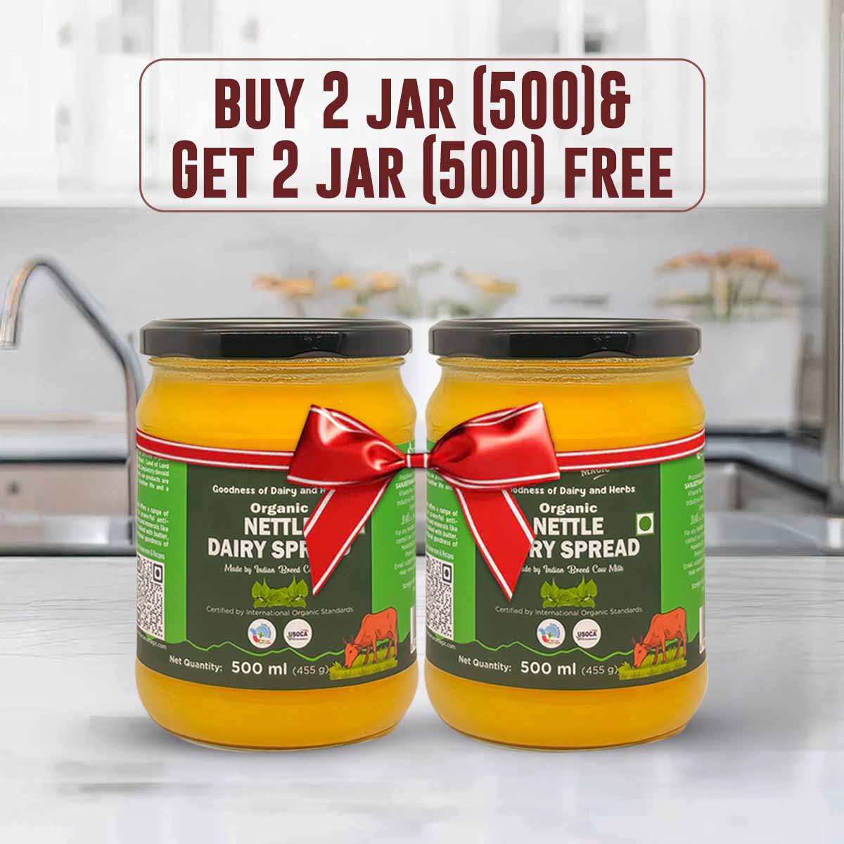 Barsana  Magic and Two jars of organic nettle dairy spread with a kitchen background and promotional text.