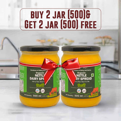Barsana  Magic and Two jars of organic nettle dairy spread with a kitchen background and promotional text.