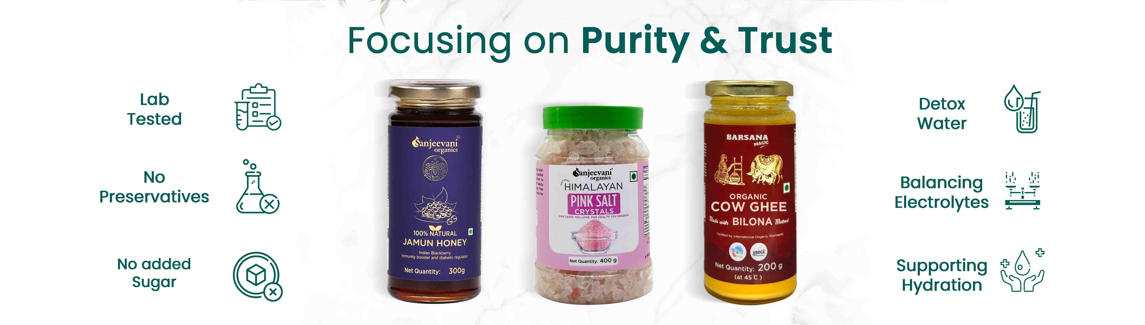 Barsana Magic and Three health products with icons and text about purity and trust on a white background