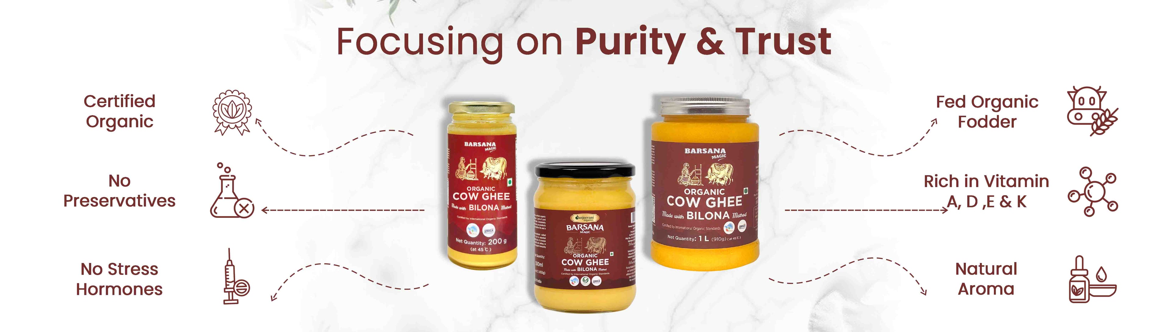 Barsana Magic and Three jars of organic cow ghee with certification logos and text about purity and trust on a white background.