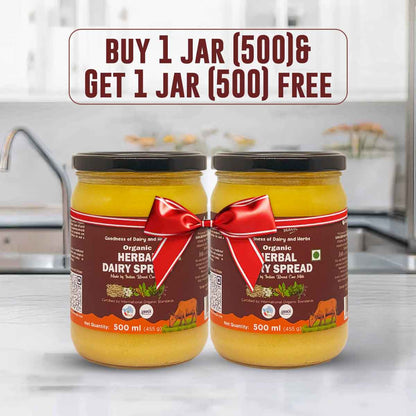 Barsana Magic and Two jars of organic herbal dairy spread with a kitchen background and promotional text.