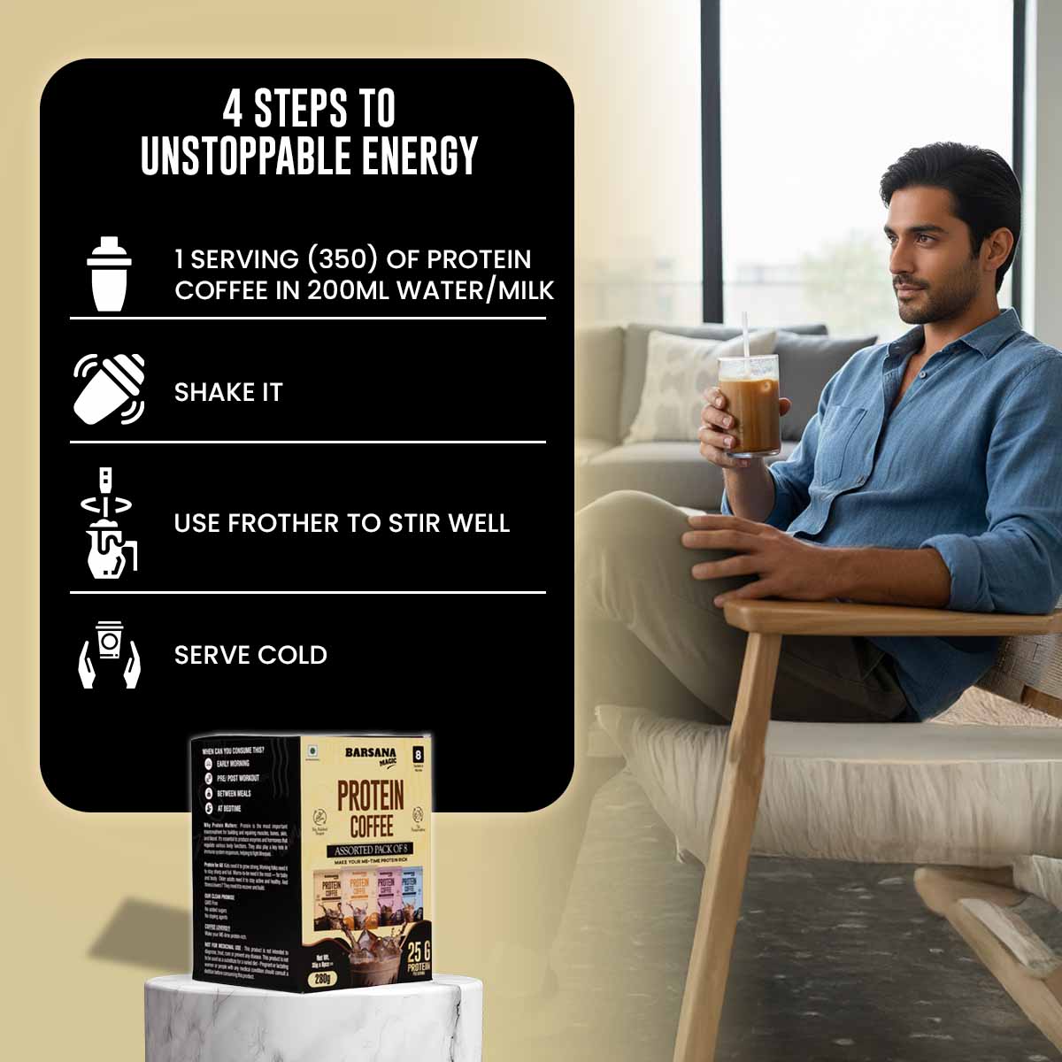 Barsana Magic and Man sitting on a couch holding a protein coffee drink with a product packaging and instructions displayed.