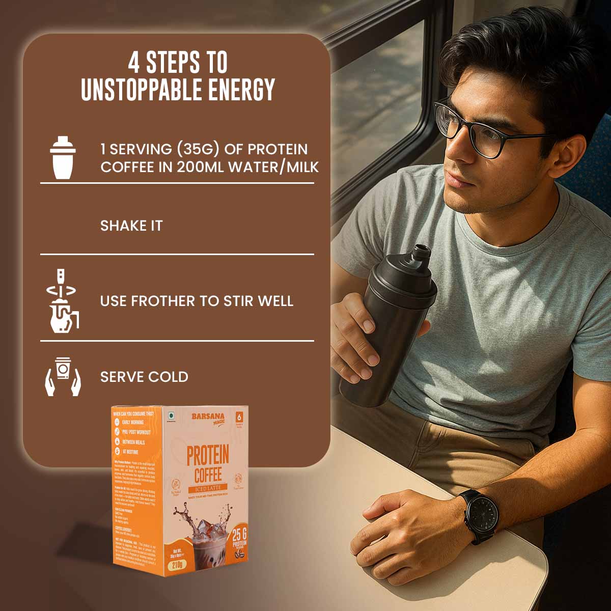 Barsana Magic and Man holding a protein coffee shaker with a box of Protein Coffee on a table, next to text on steps to unstopable energy.