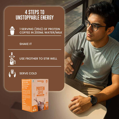 Barsana Magic and Man holding a protein coffee shaker with a box of Protein Coffee on a table, next to text on steps to unstopable energy.