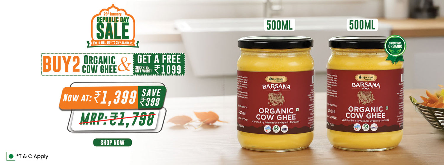 Barsana Magic and Two jars of Organic Cow Ghee on a kitchen counter with promotional text overlay.