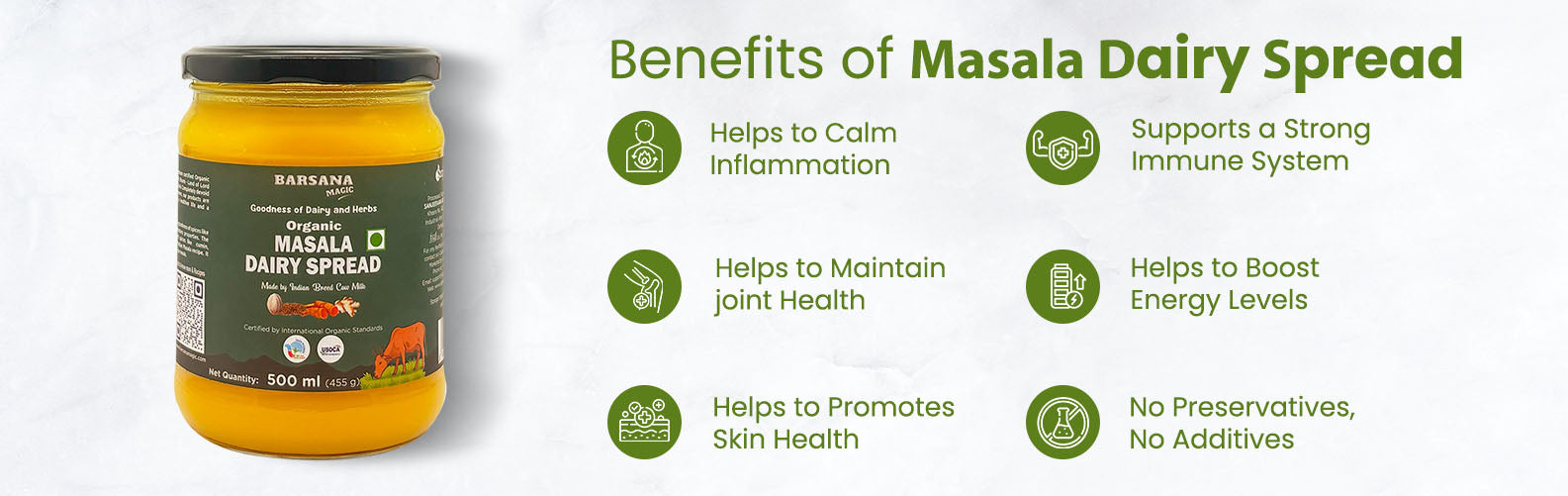 Barsana Magic and Jar Jar of Masala Dairy Spread with benefits listed on a white background