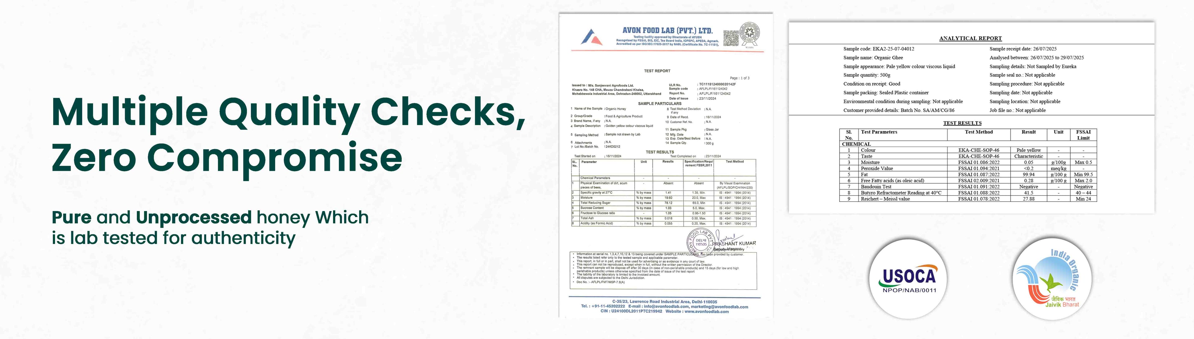 Barsana Magic and Honey label with quality checks and authenticity testing details, featuring USOC and USDA logos.