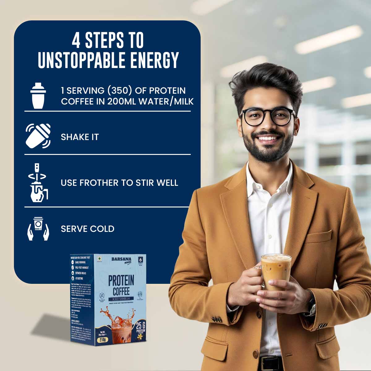 Barsana Magic and Man holding a protein coffee cup with a product instruction card in the background