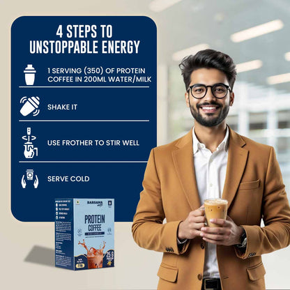 Barsana Magic and Man holding a protein coffee cup with a product instruction card in the background