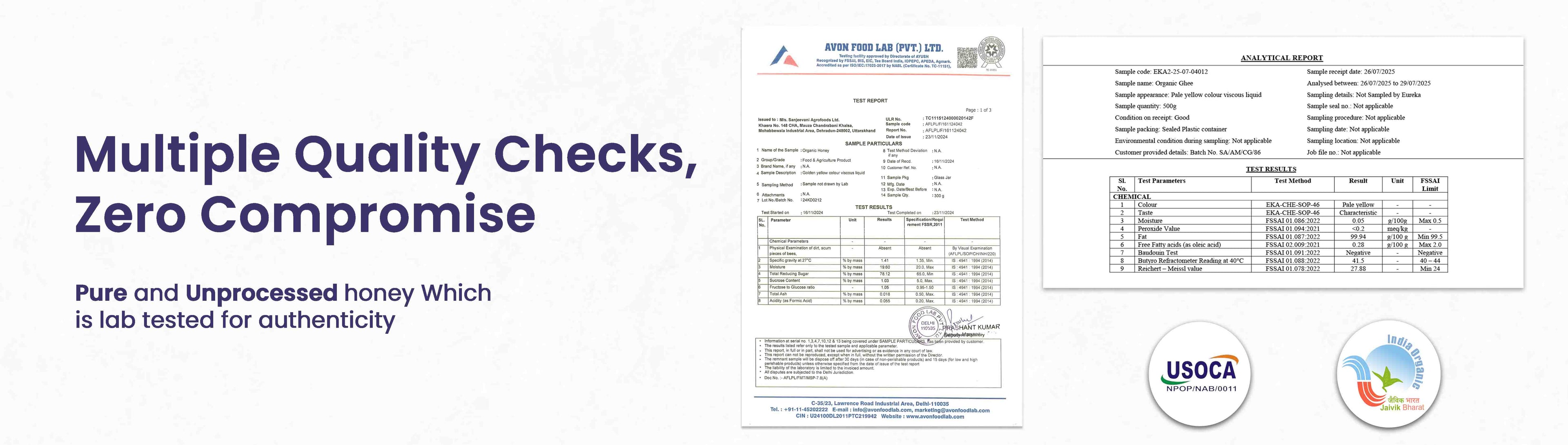 Barsana Magic and Honey label with quality check information and certification logos on a white background