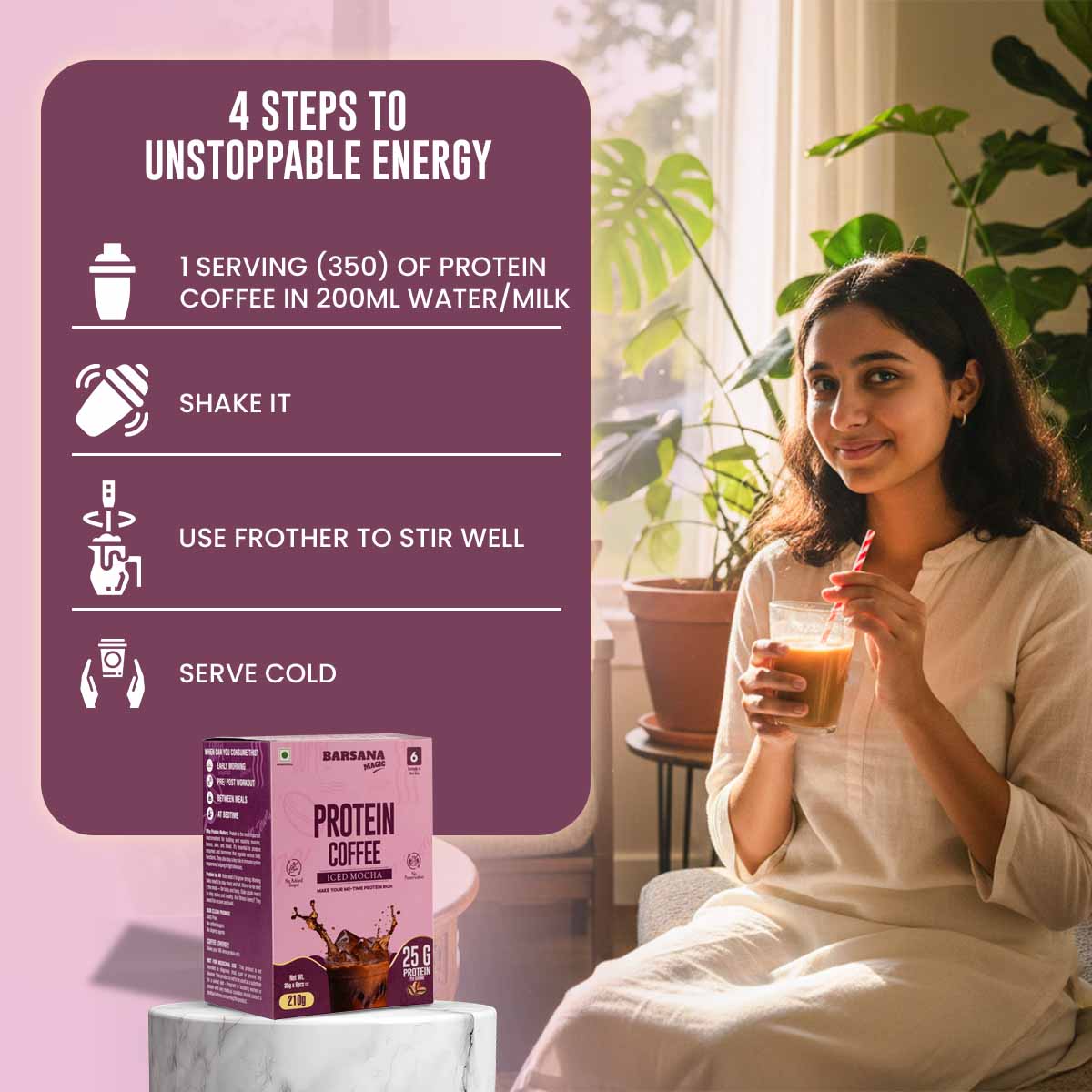 Barsana Magic and Woman holding a protein coffee drink with a purple informational panel on the left.