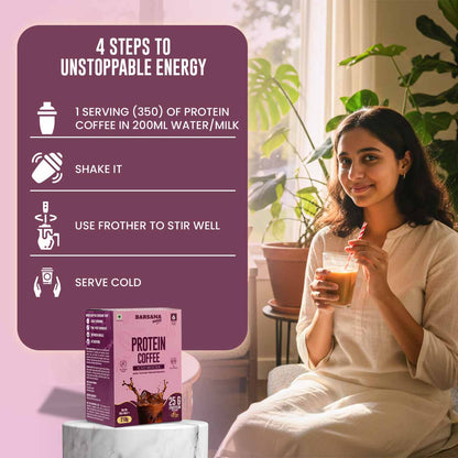 Barsana Magic and Woman holding a protein coffee drink with a purple informational panel on the left.