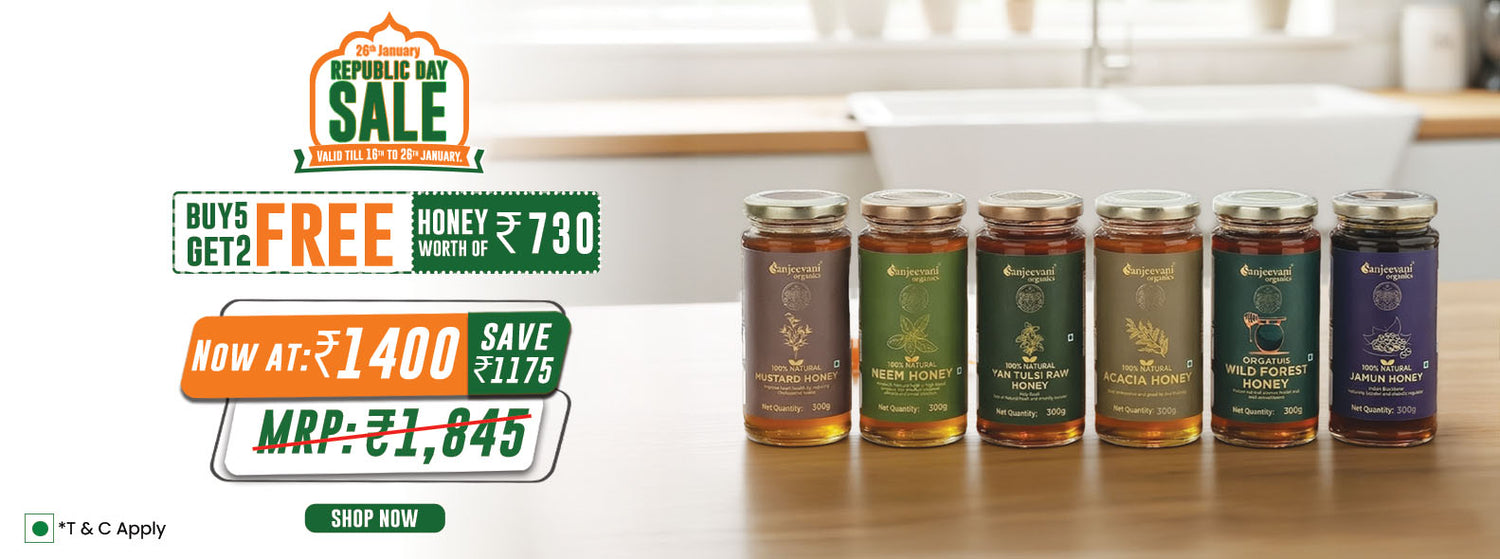 Barsana Magic and Jars of honey with promotional text on a wooden surface