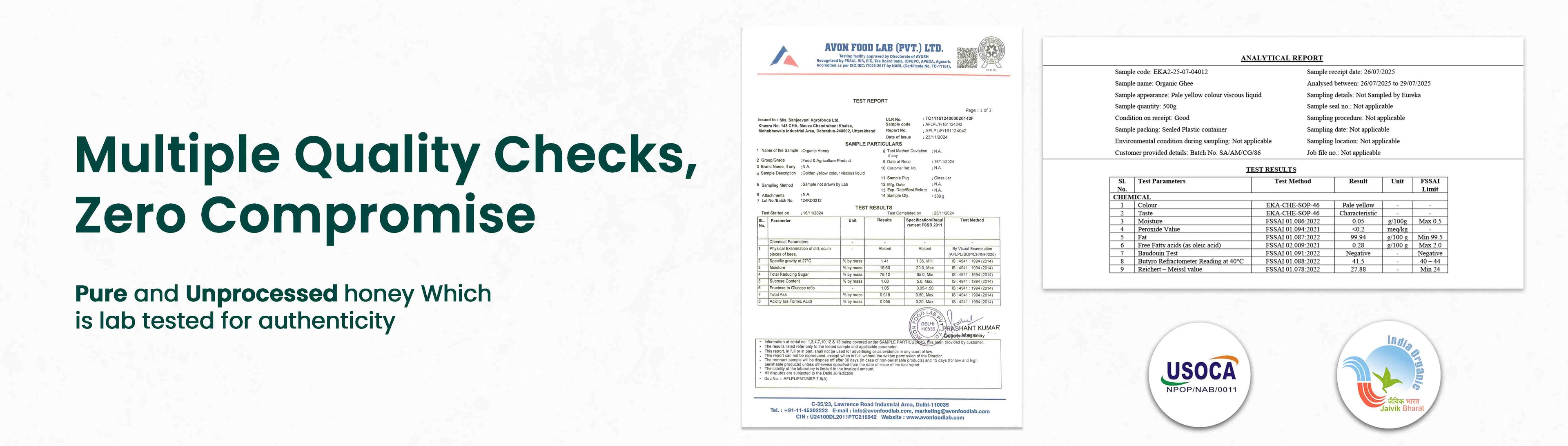 Barsana Magic and Honey label with quality check information and certification logos on a white background