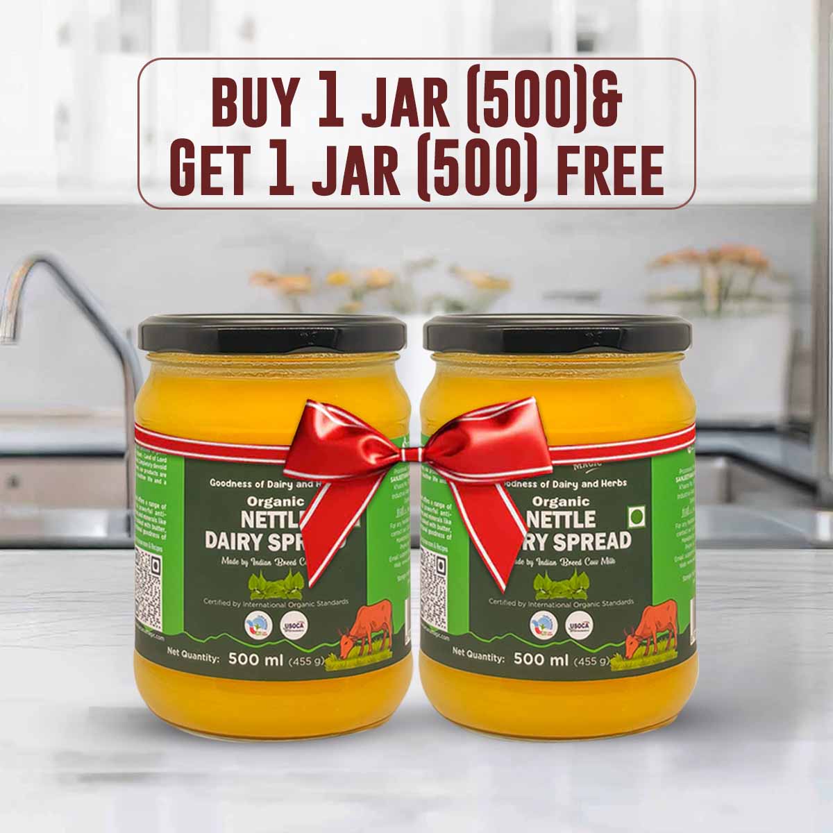 Barsana Magic and Two jars of organic nettle dairy spread with a kitchen background and promotional text.