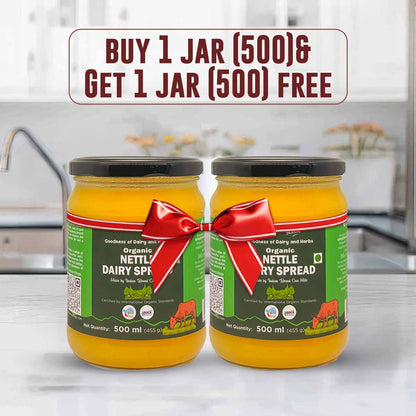 Barsana Magic and Two jars of organic nettle dairy spread with a kitchen background and promotional text.