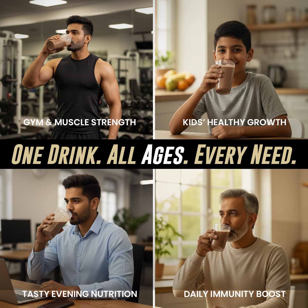 Barsana Magic and Four people drinking from glasses with text indicating different benefits of the drink.