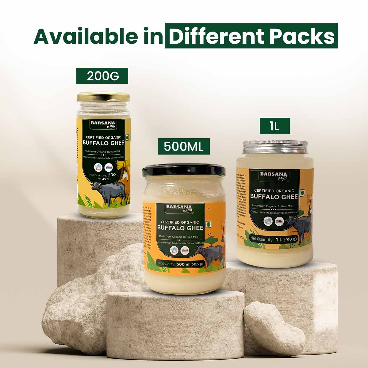Barsana Magic and Three jars of Certified Organic Buffalo Ghee in different sizes on a neutral background.