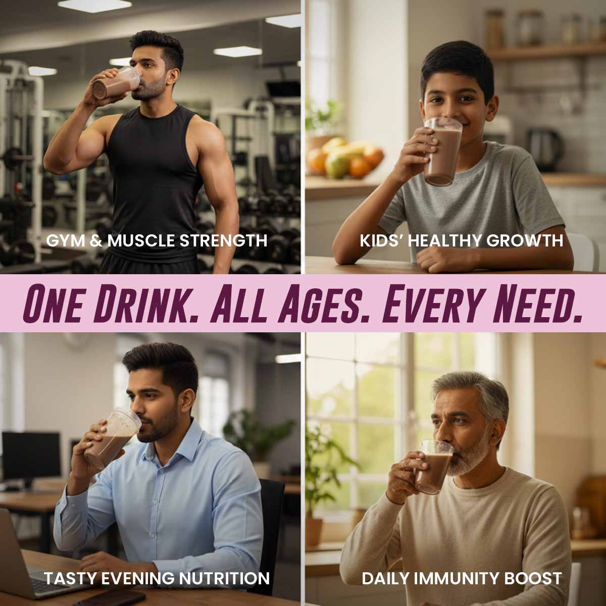 Barsana Magic and Four people drinking different types of beverages in various settings with text indicating benefits.