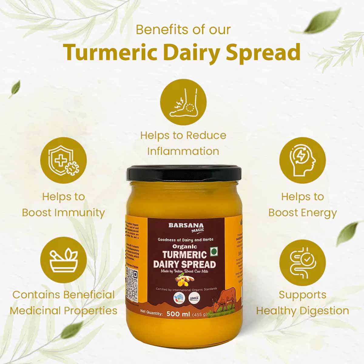Barsana Magic and Jar of Barsana Turmeric Dairy Spread with health benefits listed on a white background