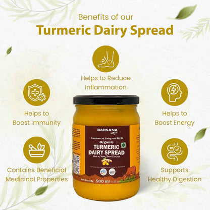Barsana Magic and Jar of Barsana Turmeric Dairy Spread with health benefits listed on a white background