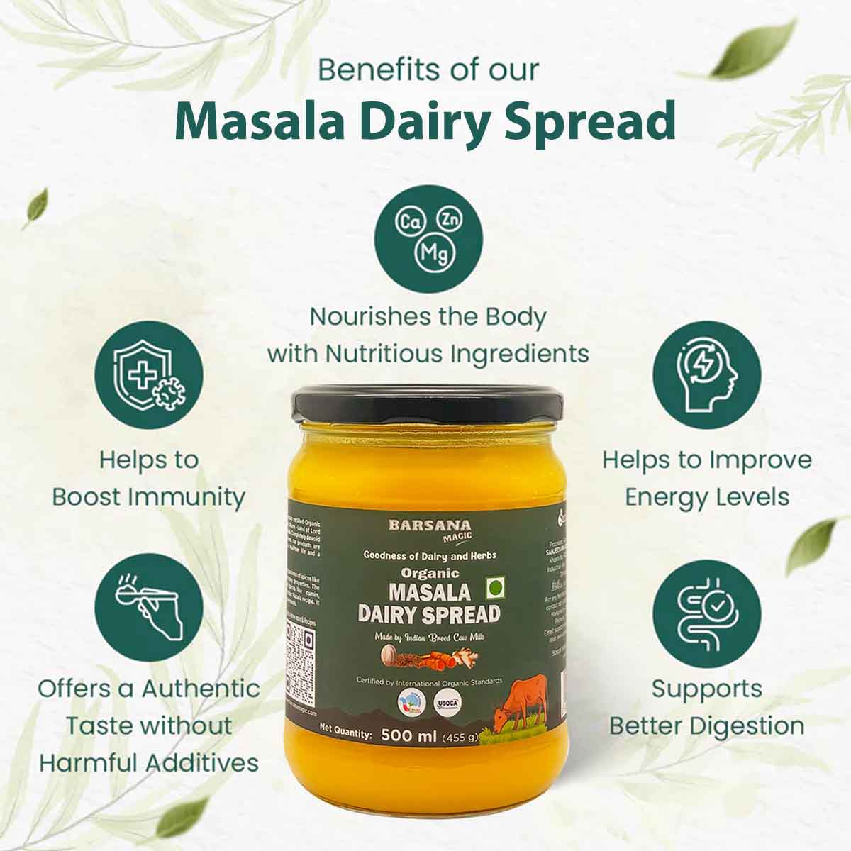 Barsana Magic and Jar of Masala Dairy Spread with health benefits listed on a light background