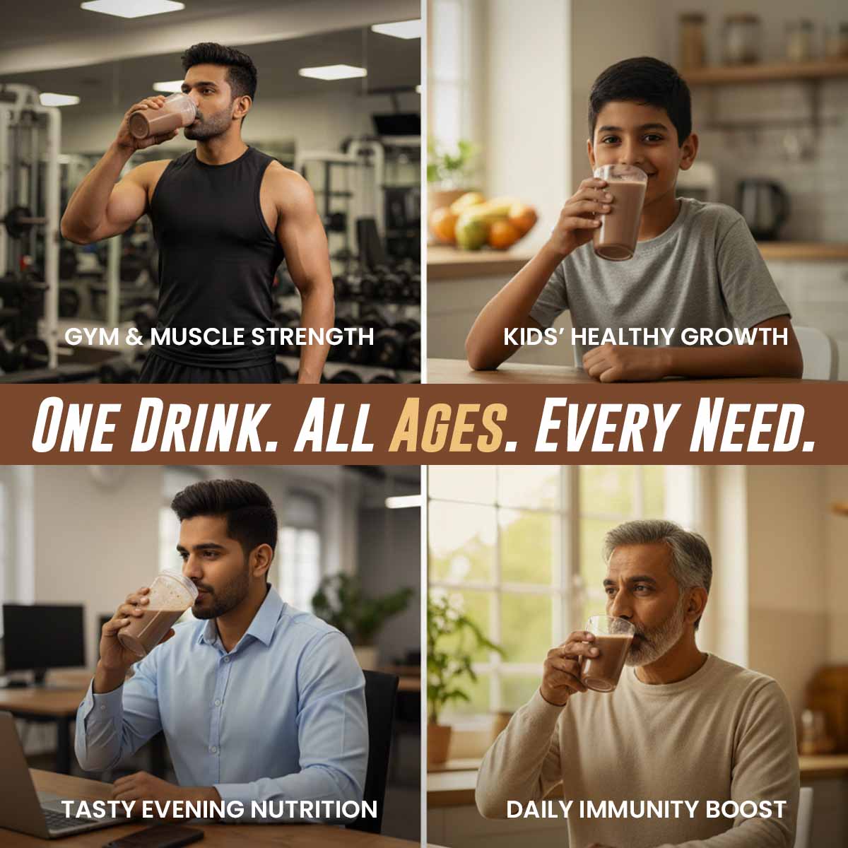 Barsana Magic and Four people drinking from glasses with text indicating different age groups and needs.