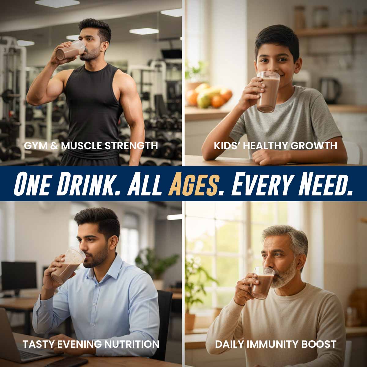 Barsana Magic and Four people drinking from glasses with text indicating different benefits of the drink.