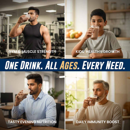 Barsana Magic and Four people drinking from glasses with text indicating different benefits of the drink.