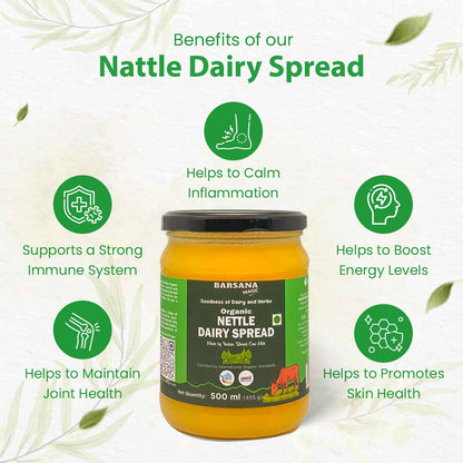 Barsana Magic and Jar of Nettle Dairy Spread with health benefits listed on a green background
