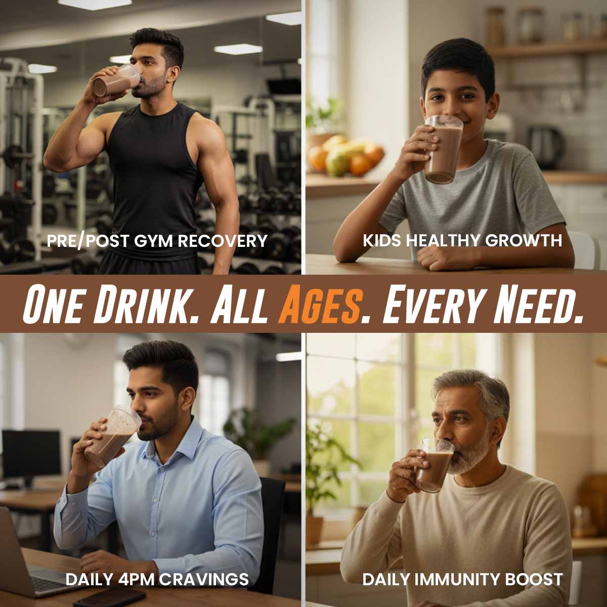 Barsana Magic and Four people drinking a beverage in different settings with text indicating uses for pre/post gym recovery, kids healthy growth, daily 4pm cravings, and daily immunity boost.