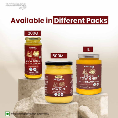 Barsana Magic and  Organic Cow Ghee containers in various sizes on a neutral background