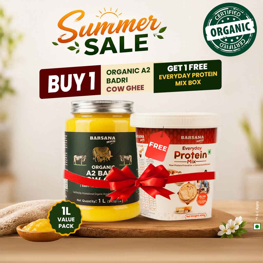 Barsana Magic and Two products with promotional text for a summer sale on a wooden surface.