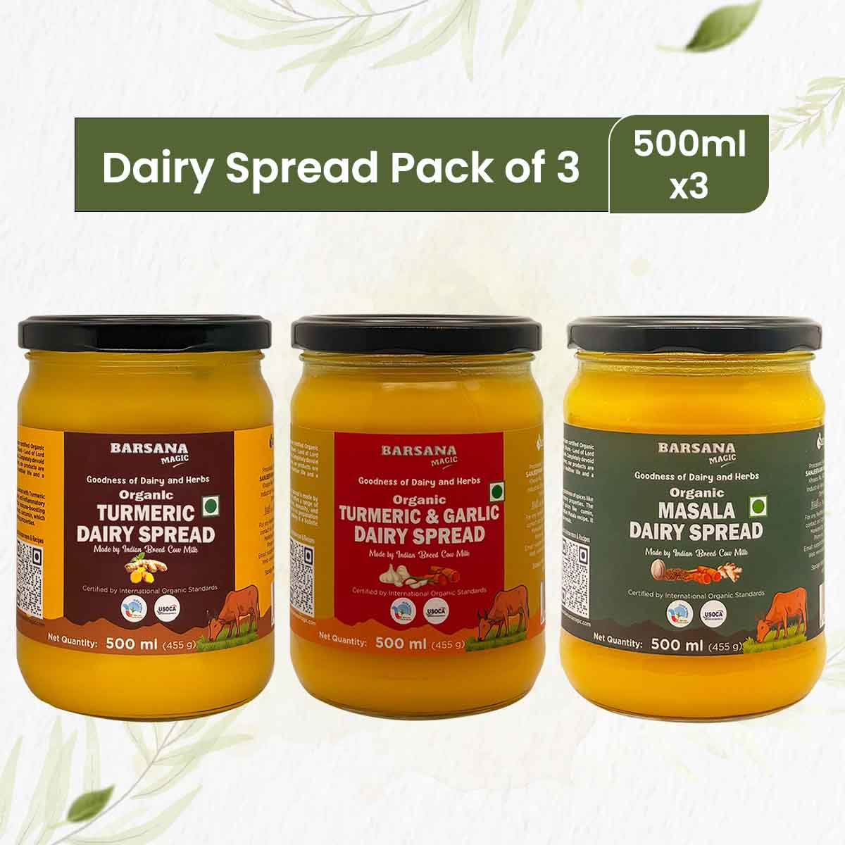 Barsana Magic and Three jars of Barsana Dairy Spread on a white background with a green banner at the top.